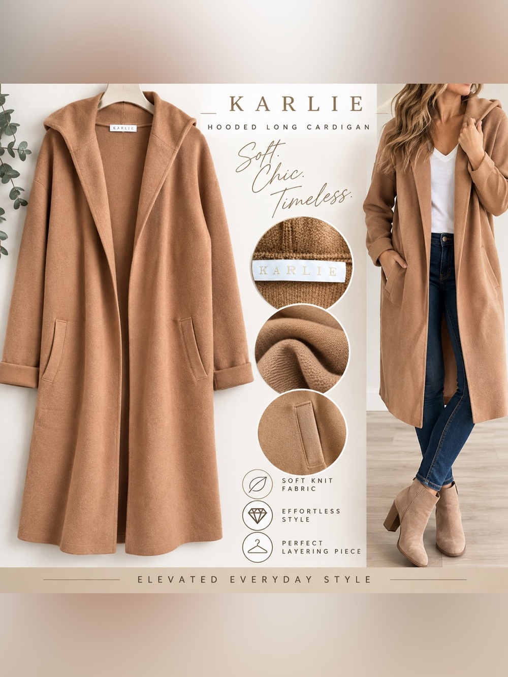 Karlie Camel Hooded Long Cardigan Duster Cashmere Blend M